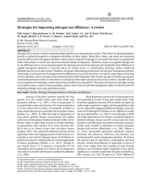 (PDF) Strategies for improving nitrogen use efficiency: A review
