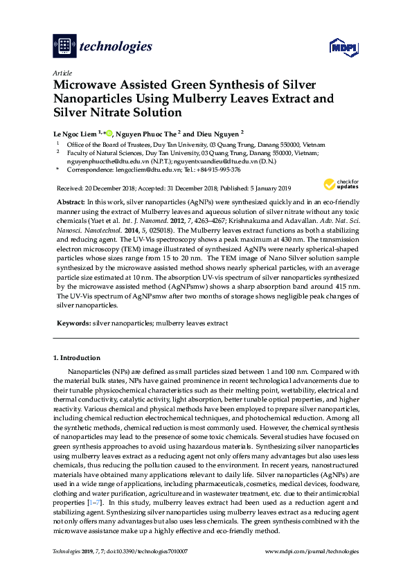 (PDF) Microwave Assisted Green Synthesis of Silver Nanoparticles Using ...