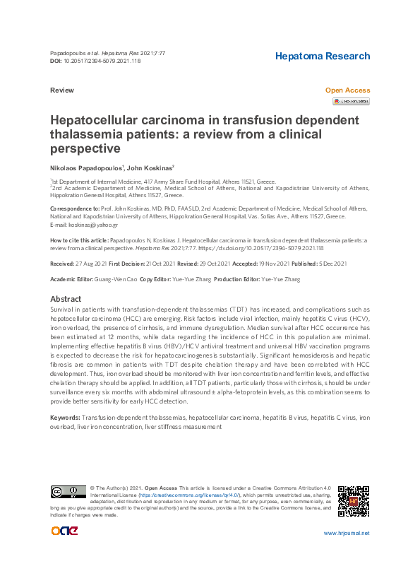 (PDF) Hepatocellular carcinoma in transfusion dependent thalassemia ...