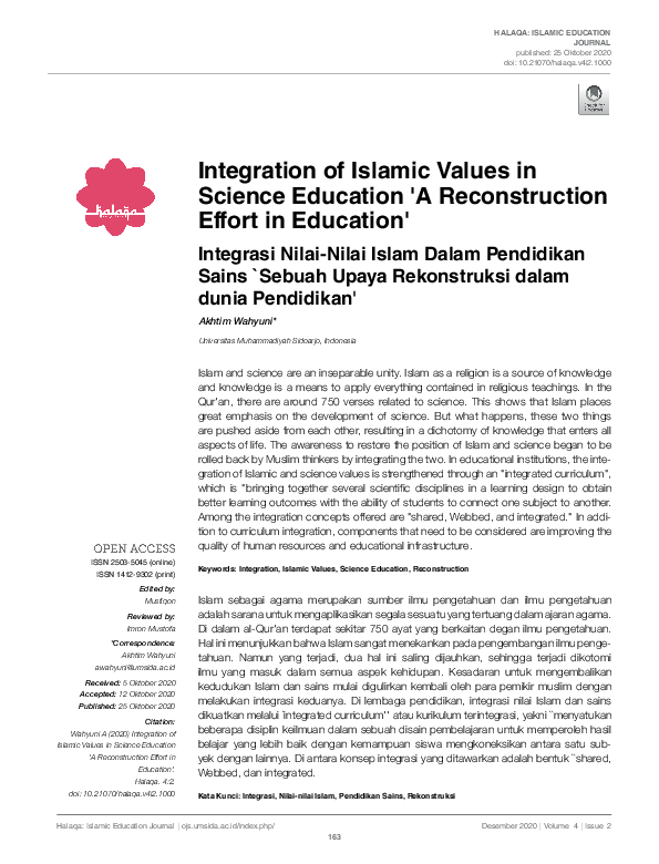 (PDF) Integration of Islamic Values in Science Education 'A ...