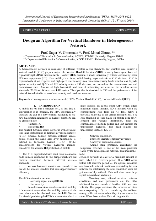 (PDF) Design an Algorithm for Vertical Handover In Heterogeneous Network