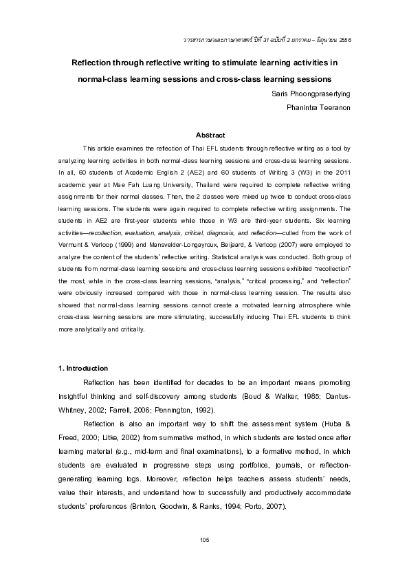 (PDF) Reflection through reflective writing to stimulate learning ...