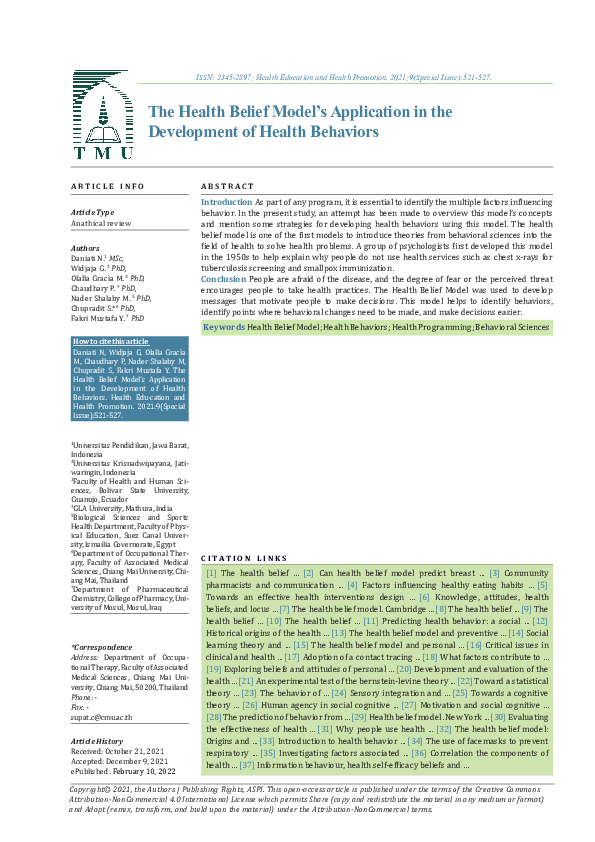 (PDF) The Health Belief Model’s Application in the Development of ...