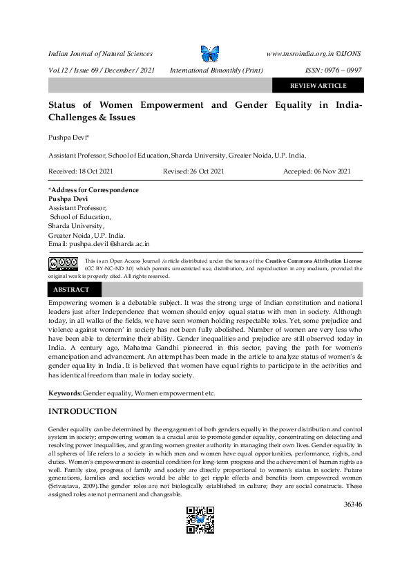 (PDF) Status of Women Empowerment and Gender Equality in India ...