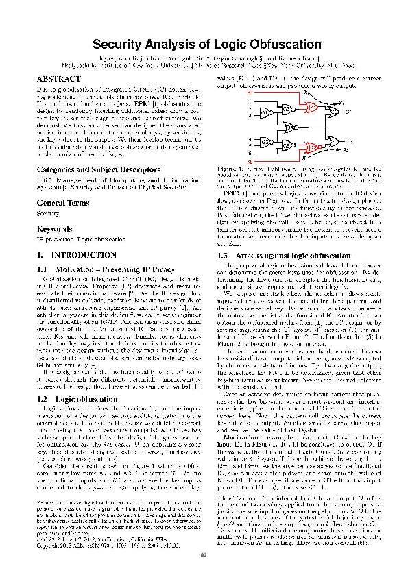 (PDF) Security analysis of logic obfuscation