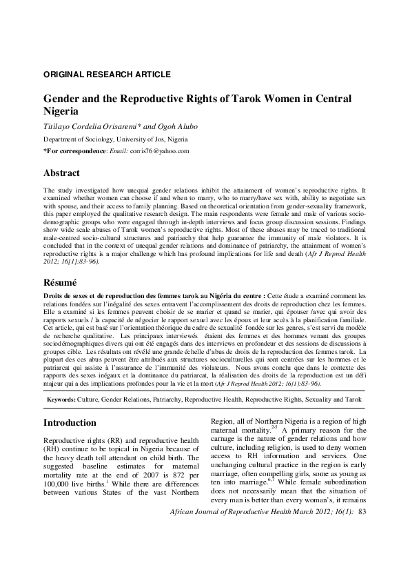 (PDF) Gender and the reproductive rights of Tarok women in central Nigeria