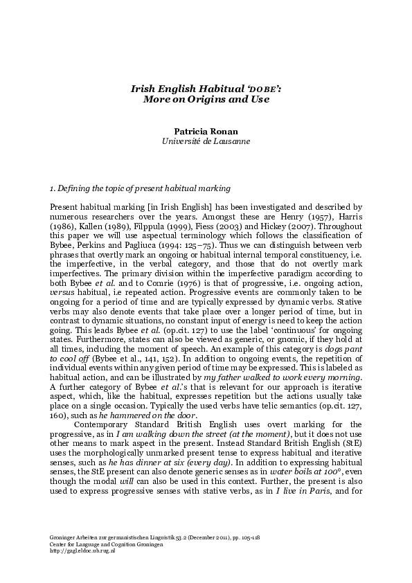 (PDF) Irish English Habitual 'DO BE': More on Origins and Use