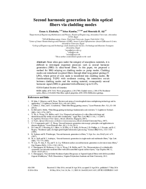 (PDF) Second harmonic generation in thin optical fibers via cladding modes