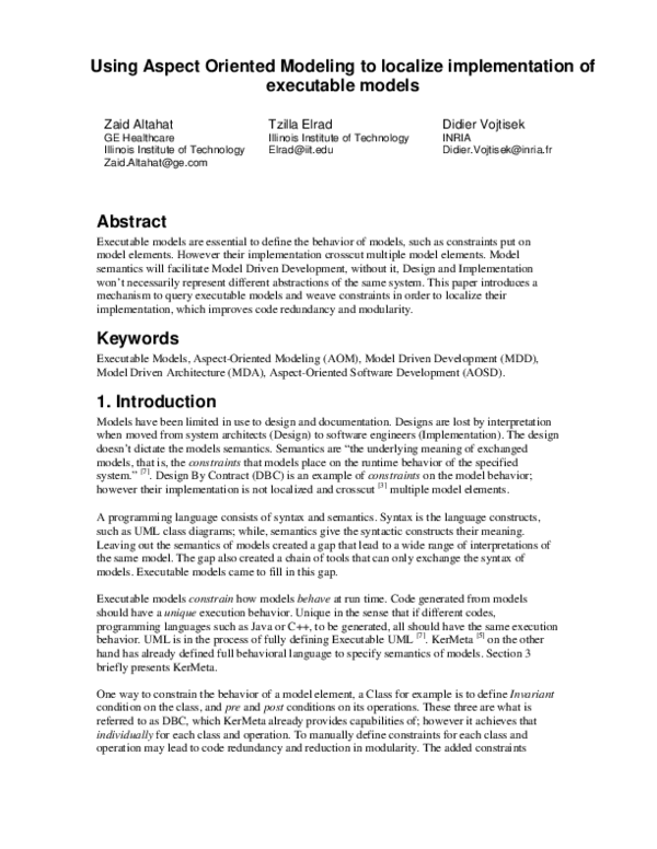 (PDF) Using Aspect Oriented Modeling to localize implementation of ...