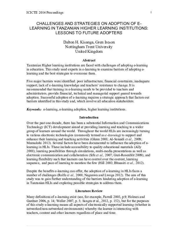 (PDF) Challenges and strategies on adoption of e-learning in Tanzanian ...