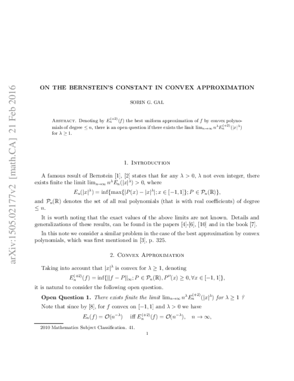 (PDF) On the Bernstein's constant in convex approximation