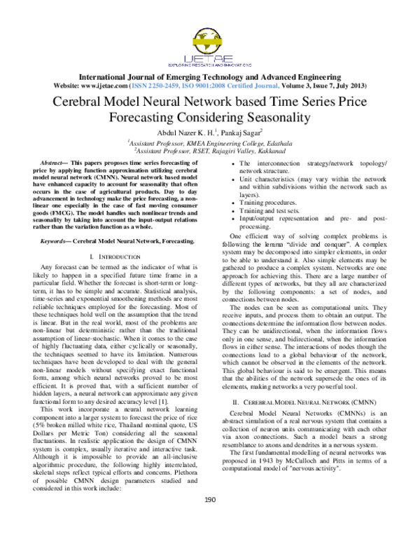(PDF) Cerebral Model Neural Network based Time Series Price Forecasting ...