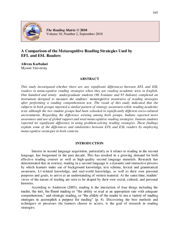 (PDF) A Comparison of the Metacognitive Reading Strategies Used by EFL ...