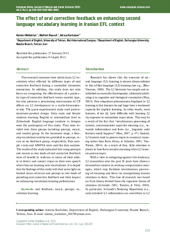 (PDF) The effect of oral corrective feedback on enhancing second ...