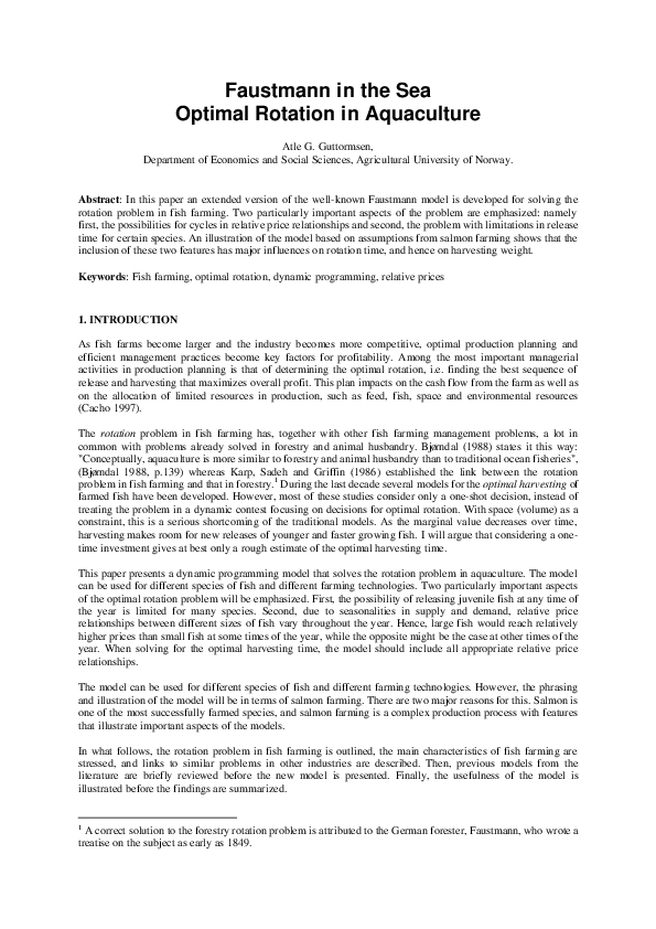 (PDF) Faustmann in the sea: optimal rotation in aquaculture