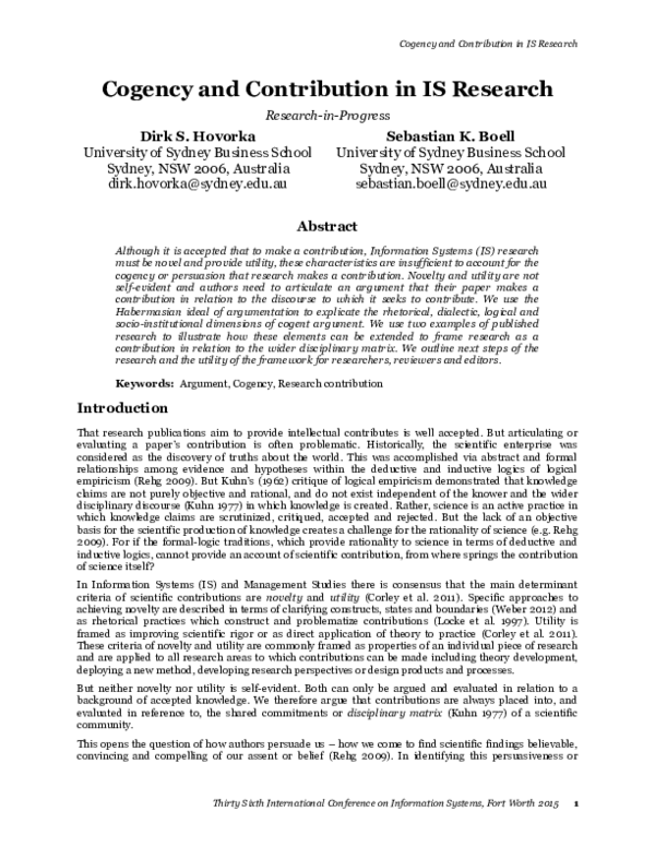 (PDF) Cogency and Contribution in IS Research Research-in-Progress