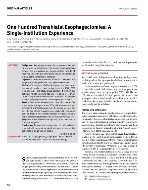 (PDF) One hundred transhiatal esophagectomies: a single-institution ...
