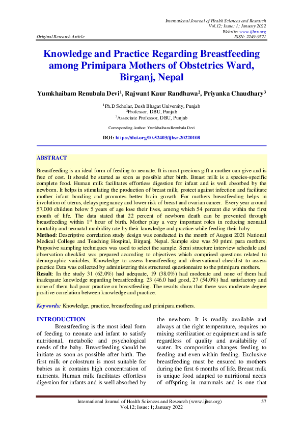 (PDF) Knowledge and Practice Regarding Breastfeeding among Primipara ...