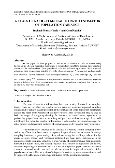 (PDF) A Class of Ratio-Cum-Dual to Ratio Estimator of Population Variance