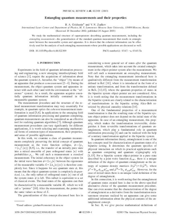 (PDF) Entangling quantum measurements and their properties