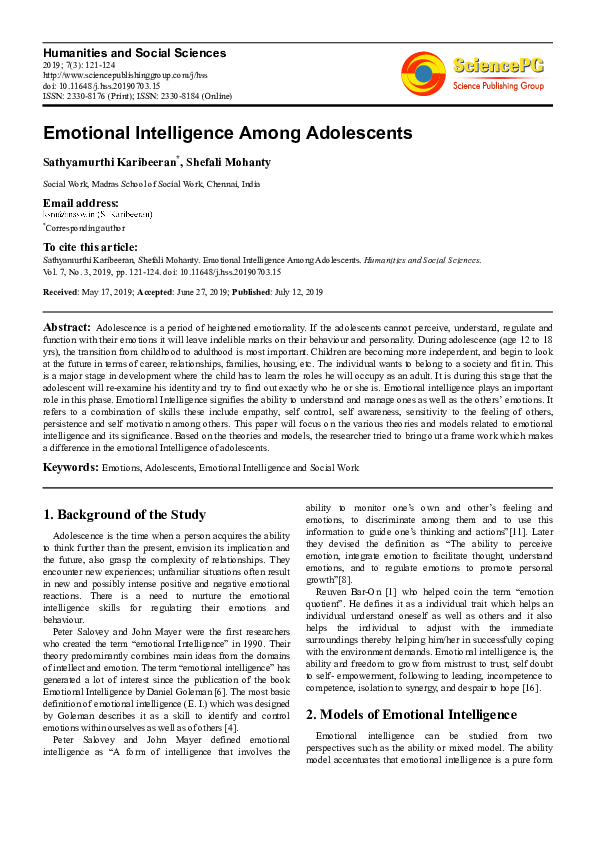 (PDF) Emotional Intelligence Among Adolescents