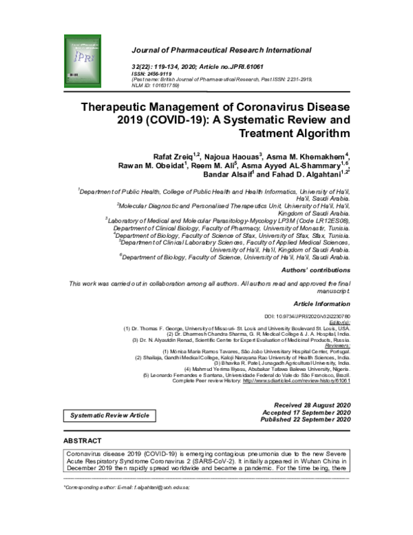 (PDF) Therapeutic Management of Coronavirus Disease 2019 (COVID-19): A ...