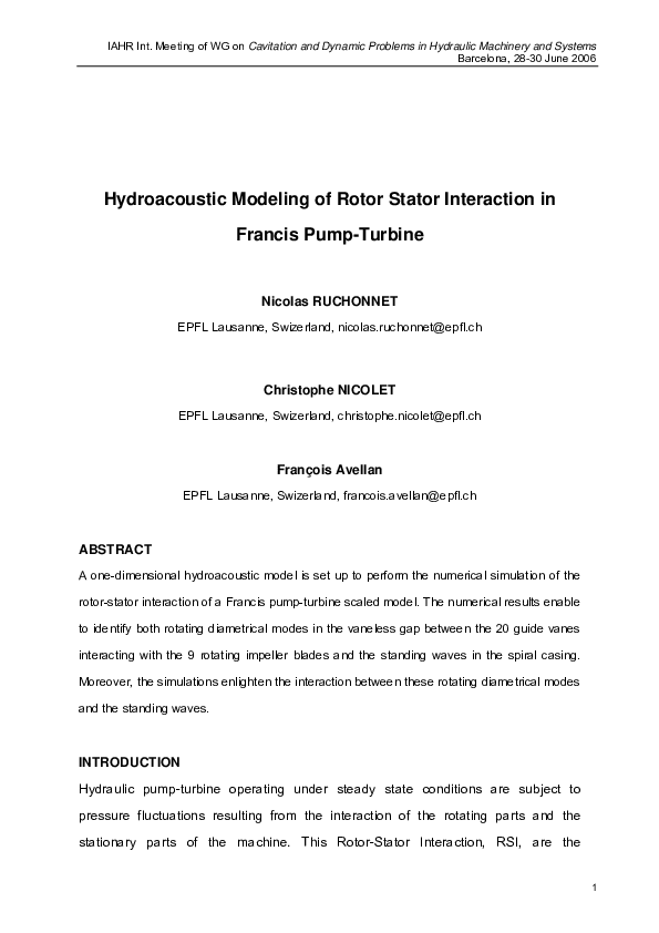 (PDF) Hydroacoustic Modeling of Rotor Stator Interaction in Francis ...