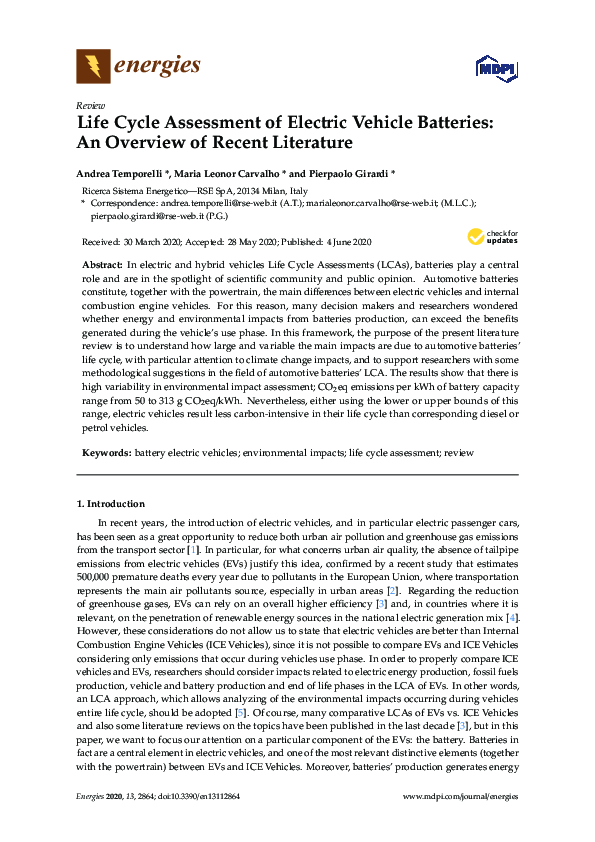(PDF) Life Cycle Assessment of Electric Vehicle Batteries: An Overview ...