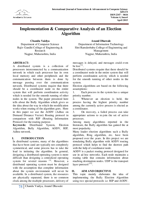(PDF) Implementation & Comparative Analysis of an Election Algorithm
