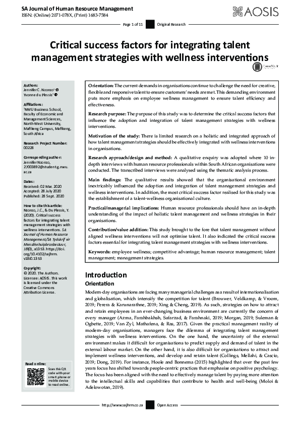 (PDF) Critical success factors for integrating talent management ...