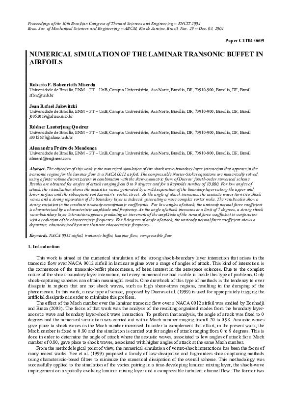 (PDF) NUMERICAL SIMULATION OF THE LAMINAR TRANSONIC BUFFET IN AIRFOILS