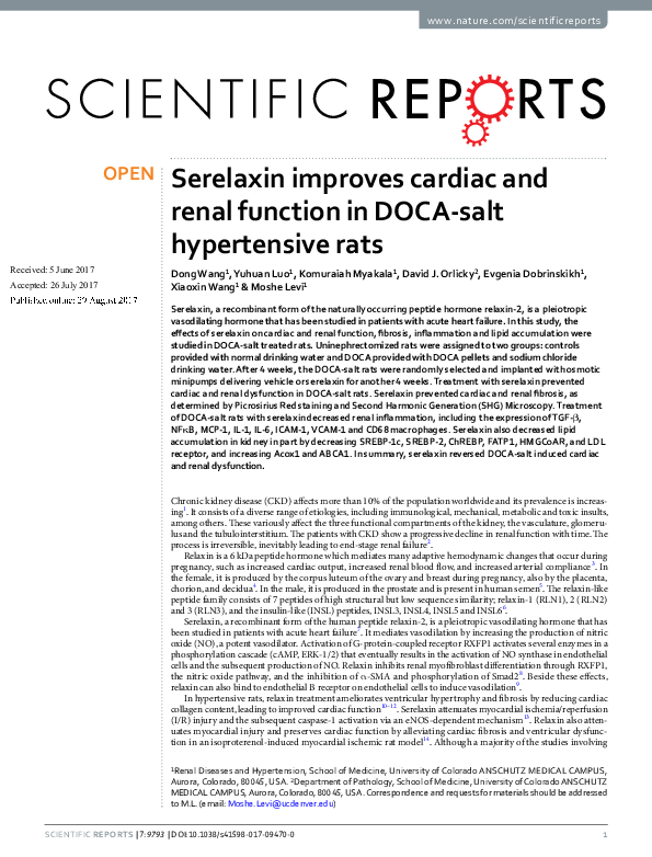 Serelaxin improves cardiac and renal function in DOCA-salt hypertensive rats