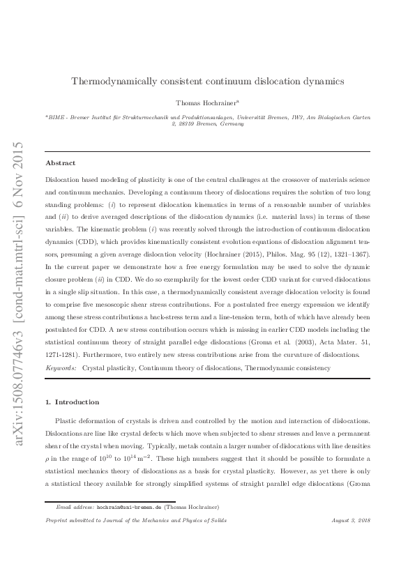 (PDF) Thermodynamically consistent continuum dislocation dynamics
