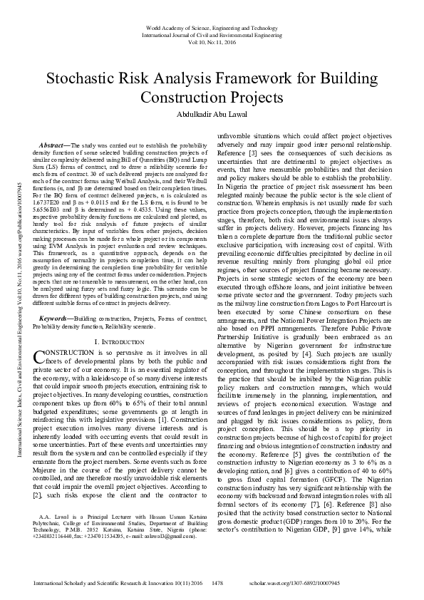 (PDF) Stochastic Risk Analysis Framework for Building Construction Projects