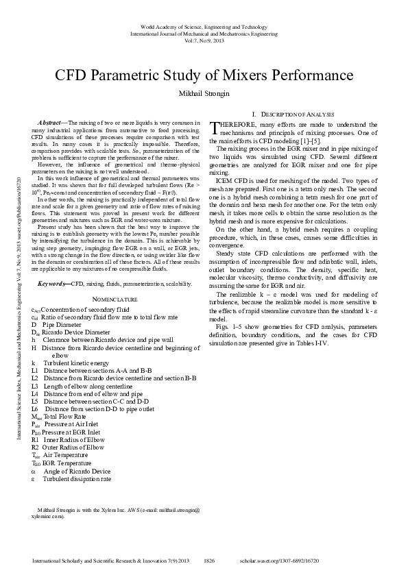 (PDF) CFD Parametric Study of Mixers Performance