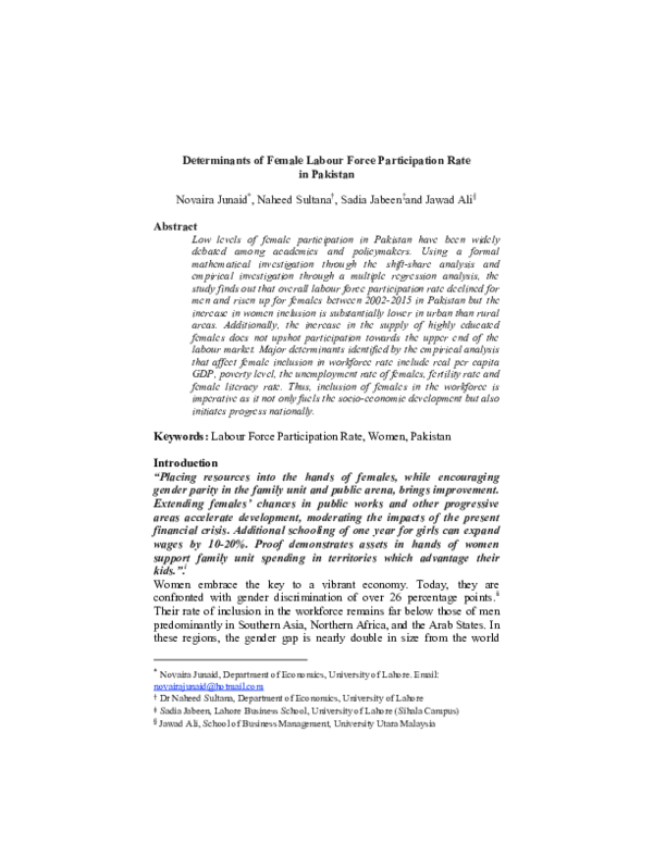 (PDF) Determinants of Female Labour Force Participation Rate in Pakistan