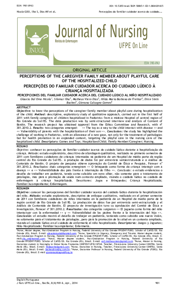 (PDF) Perceptions of the caregiver family member about playful care of ...