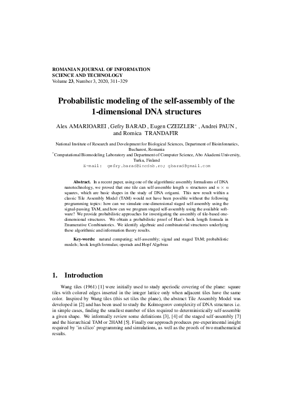 (PDF) Probabilistic modeling of the self-assembly of the 1-dimensional ...