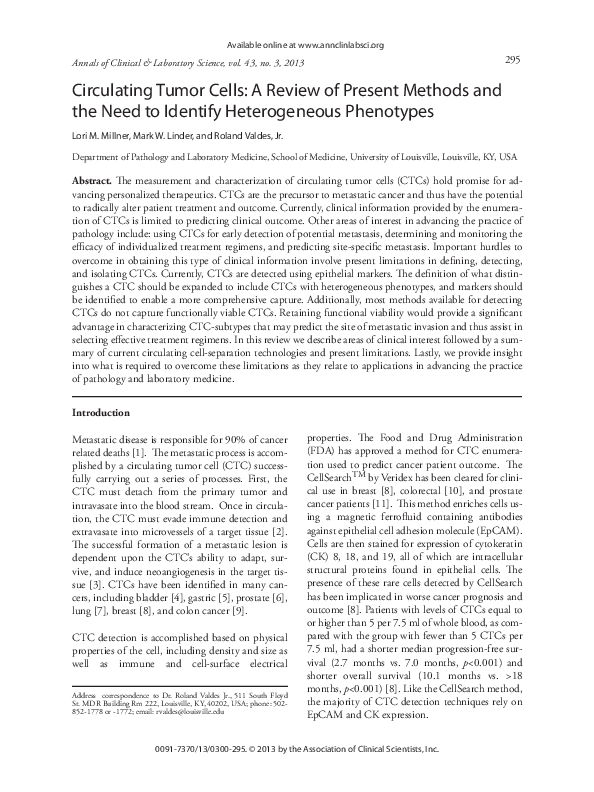 (PDF) Circulating tumor cells: a review of present methods and the need ...