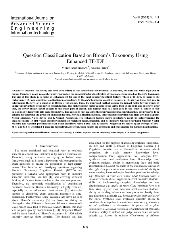 (PDF) Question Classification Based on Bloom’s Taxonomy Using Enhanced ...