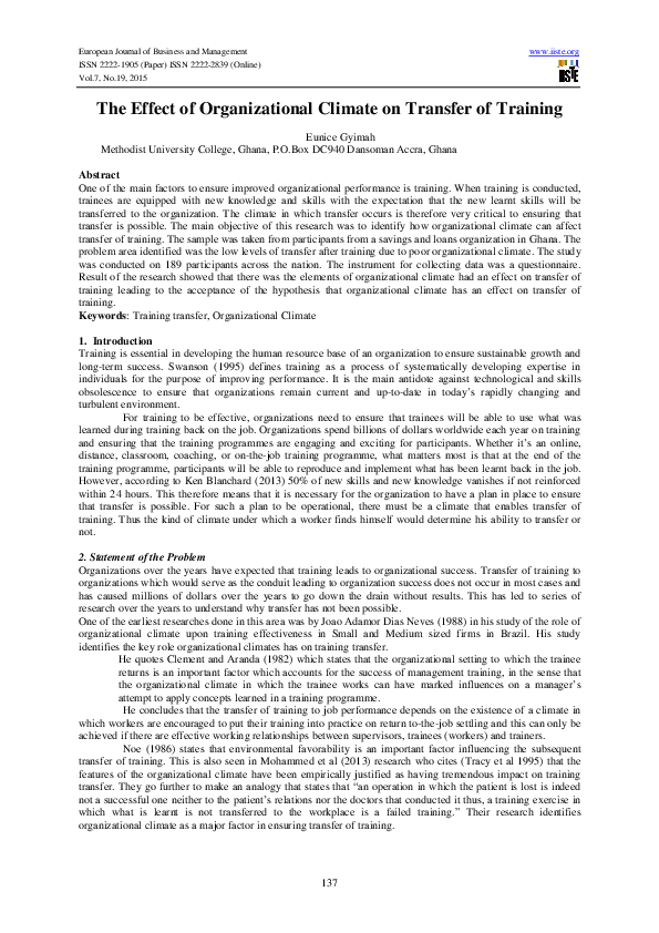 (PDF) The Effect of Organizational Climate on Transfer of Training