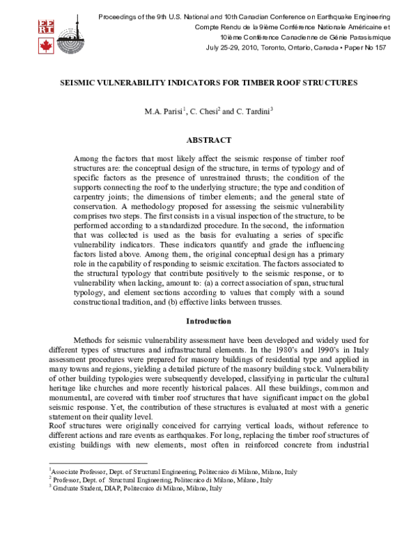 (PDF) Seismic vulnerability indicators for timber roof structures