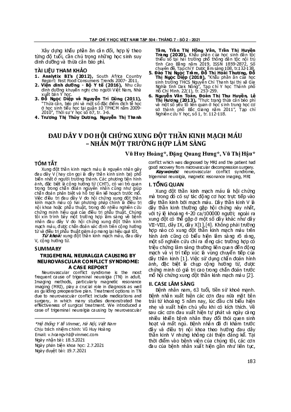 First page of “Đau Dây V Do Hội Chứng Xung Đột Thần Kinh Mạch Máu – Nhân Một Trường Hợp Lâm Sàng”