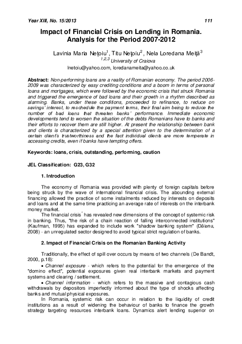 (PDF) Impact of Financial Crisis on Lending in Romania. Analysis for ...