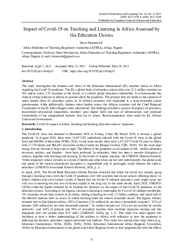 (PDF) Impact of Covid-19 on Teaching and Learning in Africa Assessed by ...