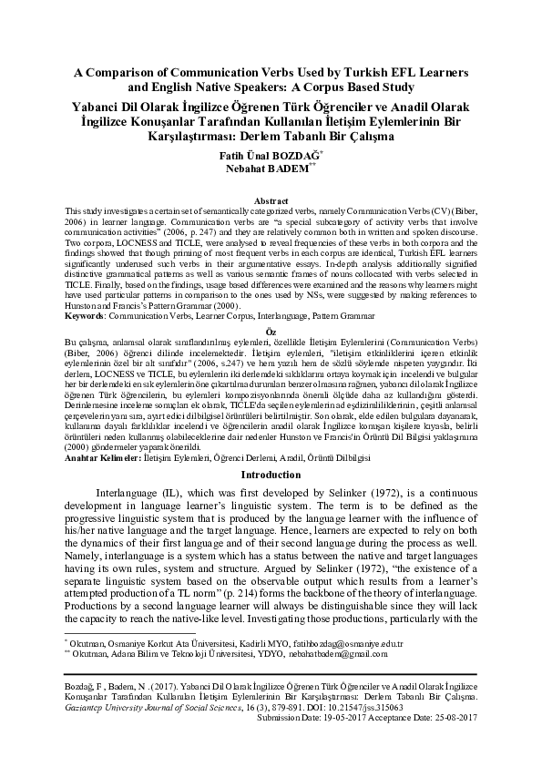 (PDF) A Comparison of Communication Verbs Used by Turkish EFL Learners ...