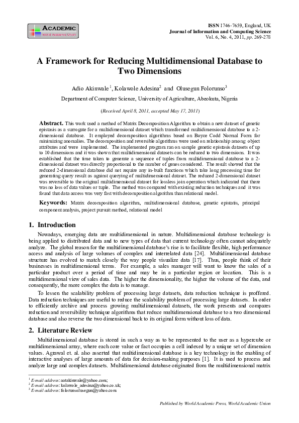 (PDF) A Framework for Reducing Multidimensional Database to Two Dimensions