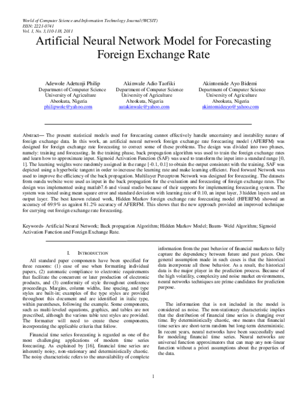 (PDF) Artificial Neural Network Model for Forecasting Foreign Exchange Rate