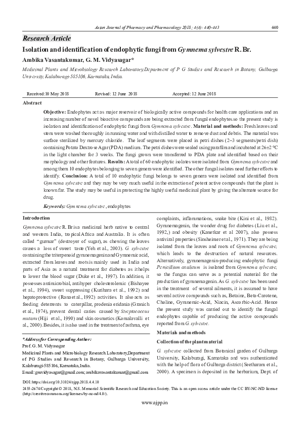 (PDF) Isolation and Identification of Endophytic Fungi from Gymnema ...