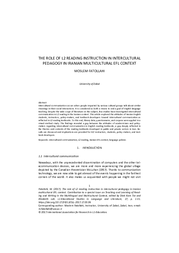 (PDF) The role of L2 reading instruction in intercultural pedagogy in ...